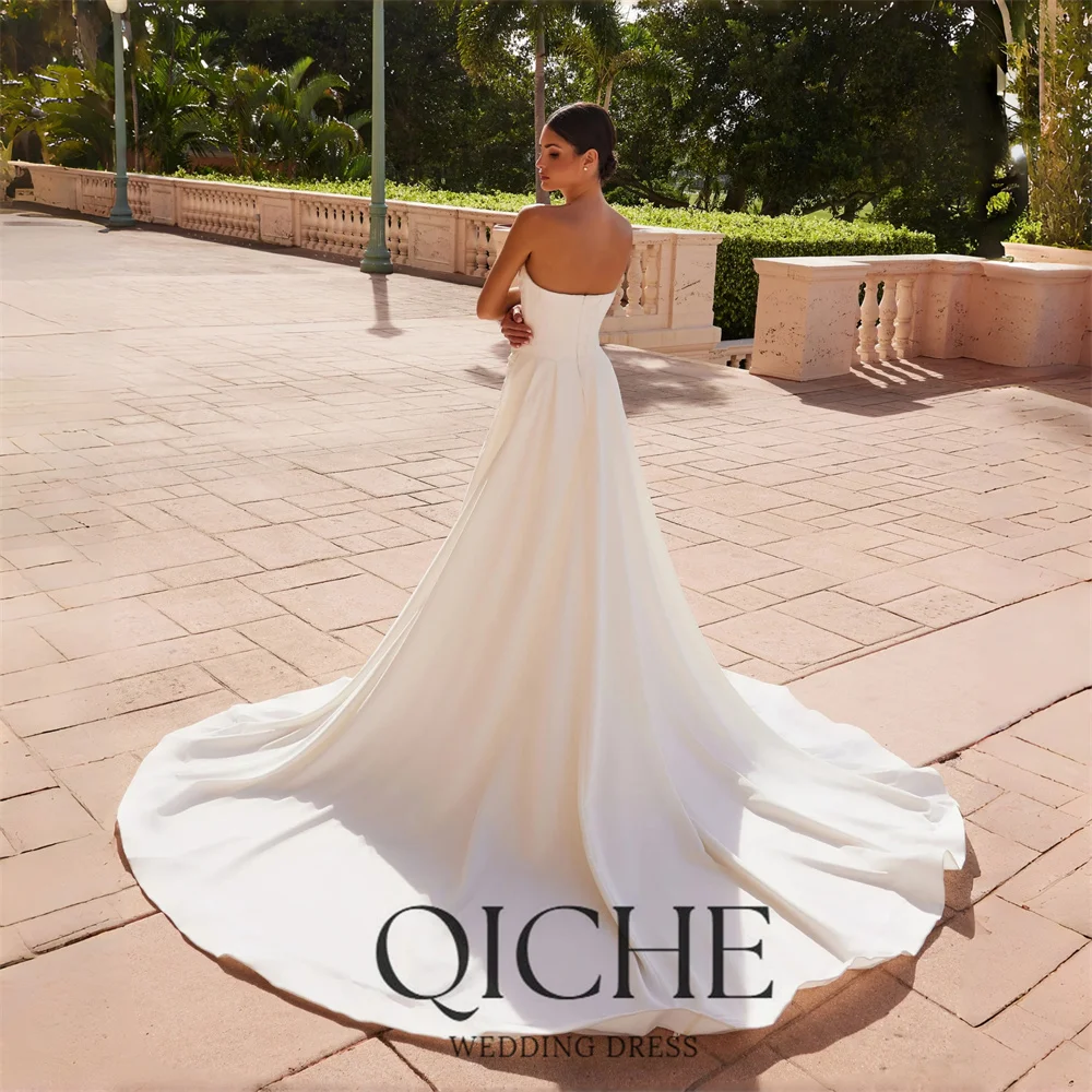 QICHE-Vestidos De novia De sirena sin mangas, De lujo, con cuello en V, con tren, abertura larga, espalda abierta, personalizado