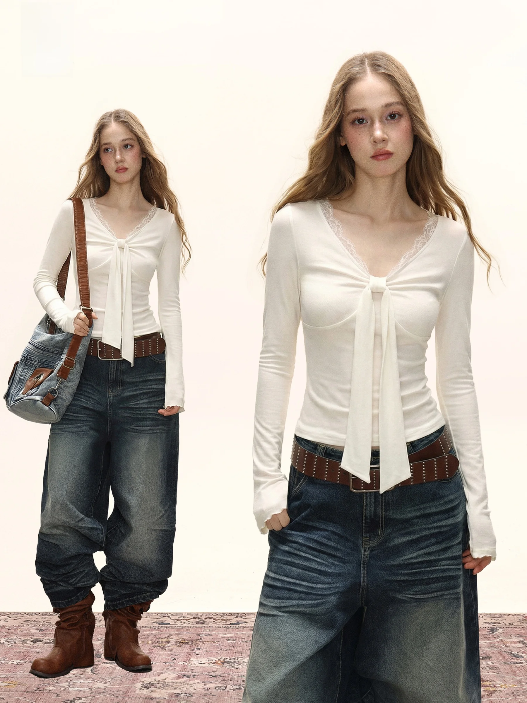 

French Sle Long Sve T-irt Women's Inner Wear Lace Knot Tie Design Slim Fit White Top for Autumn Winter