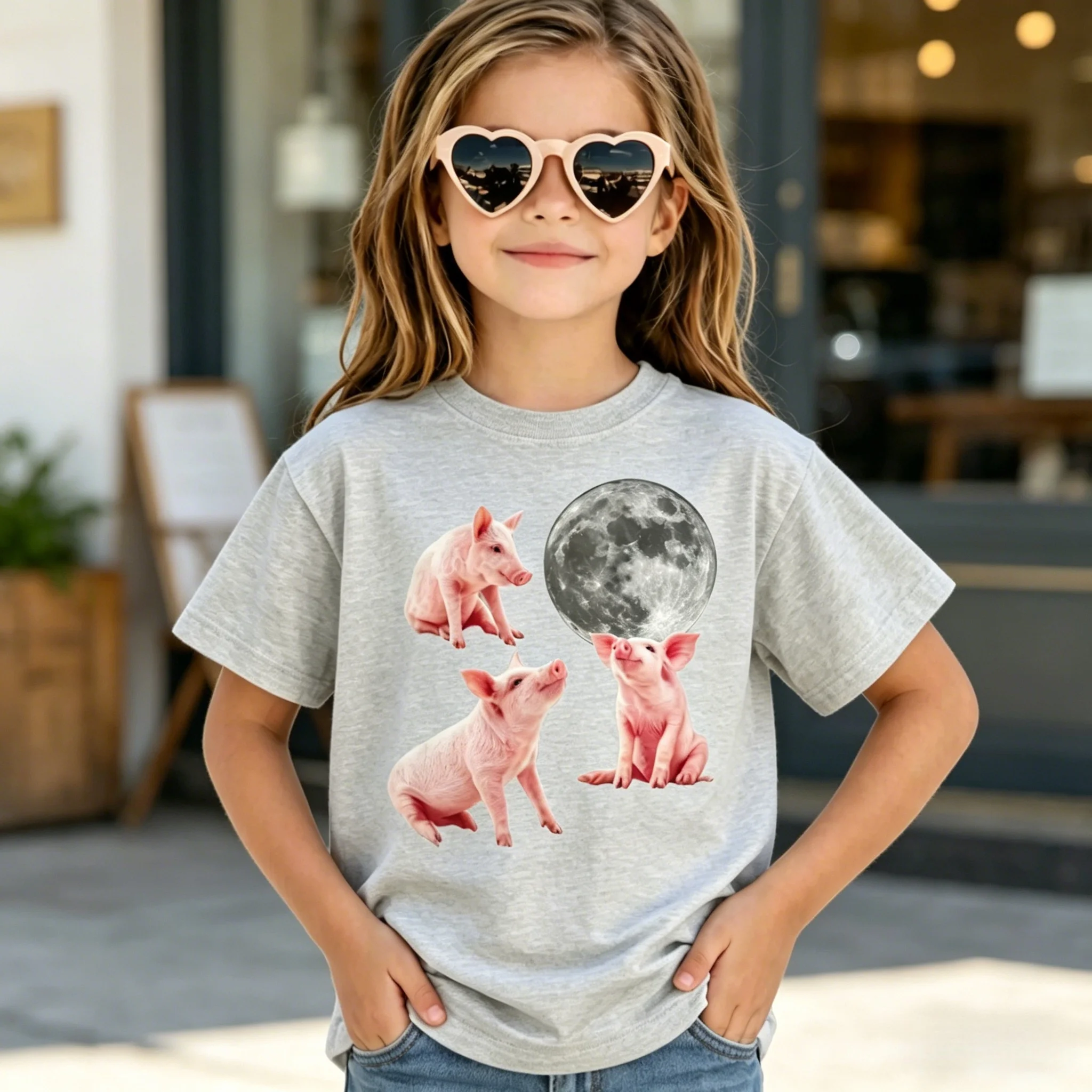 Kids Three Little Pigs Moon Print Short Sleeve T-Shirt Beach Vacation Casual Daily Party Wear Breathable Cotton Machine Washable