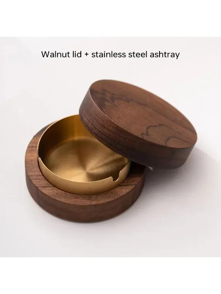 Nouveaux cendriers créatifs en acier coupe-vent cendrier de bureau avec couvercle plateau en bois de noyer inoxydable pour fumer bureau décoration de la maison