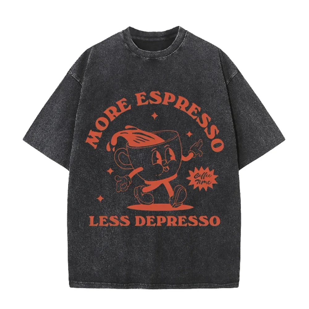 2026 More Espresso Less Depresso Vintage Cartoon Coffee Cup Graphic Beige Washed T Shirt Funny Coffee Lover Casual Oversized Uni
