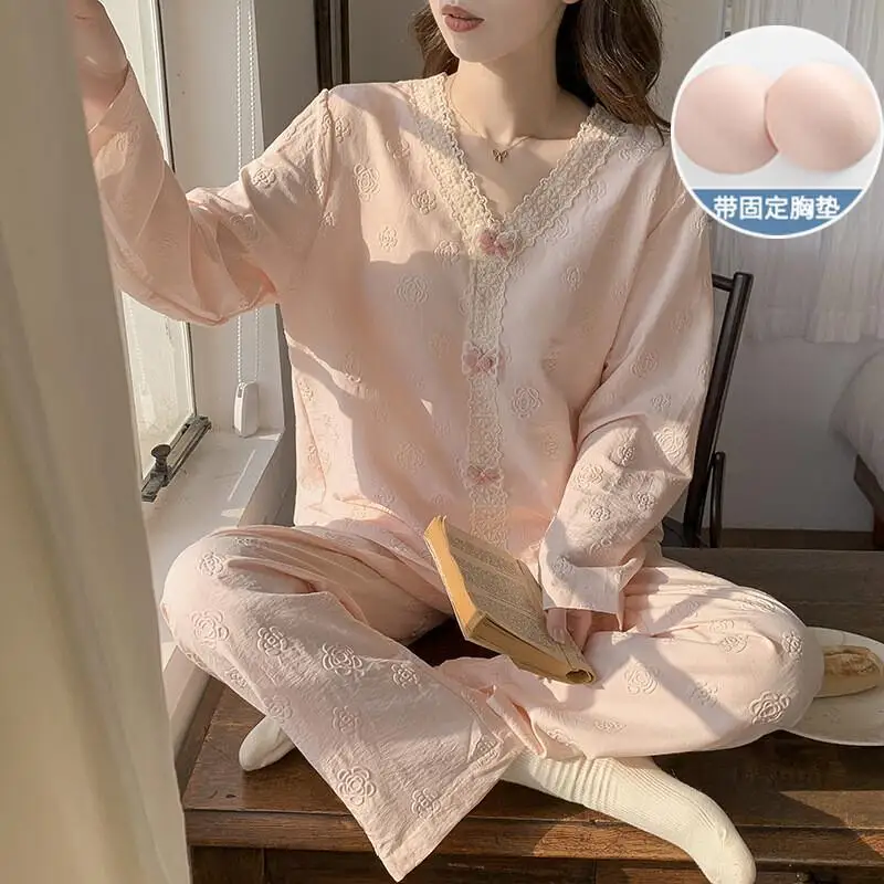 

Cloud Cotton Pajamas with Breast Pads Women Sleepwear Women's Warm Pajama Set Loungewear Girl Homewear Set Comfortable Two-Piece