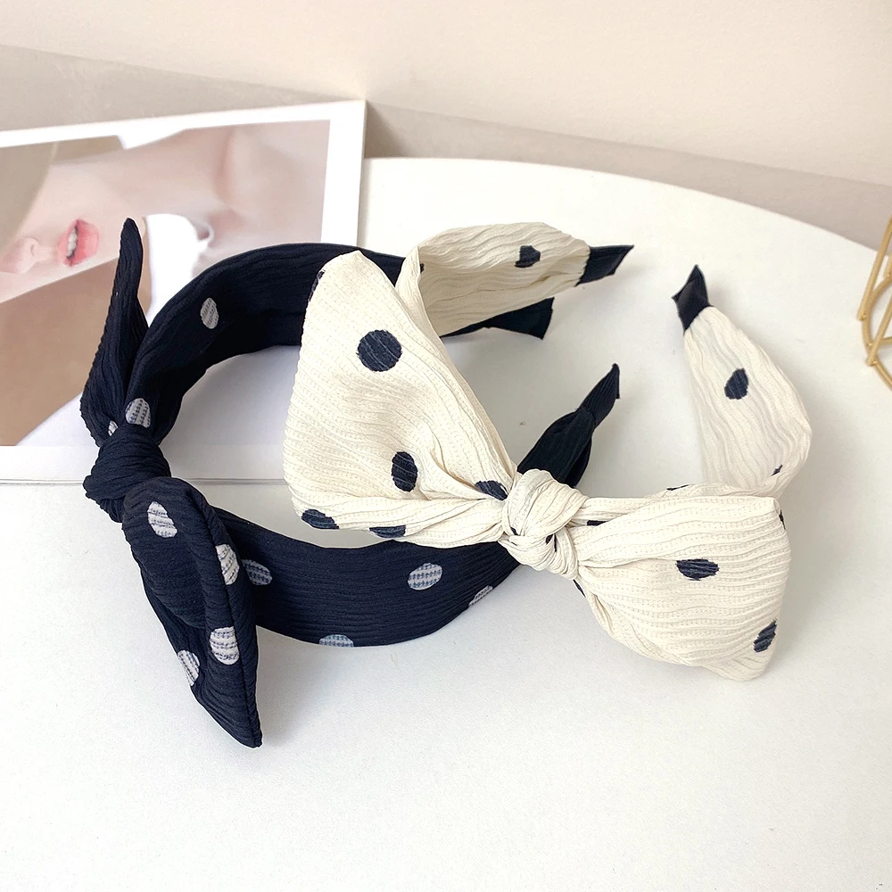 New pleated polka dot rabbit ear hair band for women, simple and fashionable square bow, wide edge headband, versatile hair clip