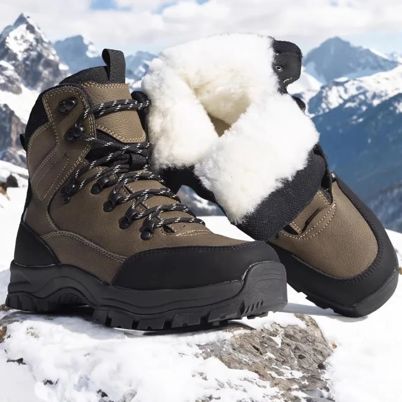 Outdoor Casual Snow Boots Men's Winter Shoes Thick Soles High Top Thickened Wool Warm Waterproof Anti-slip Boots Male Brown