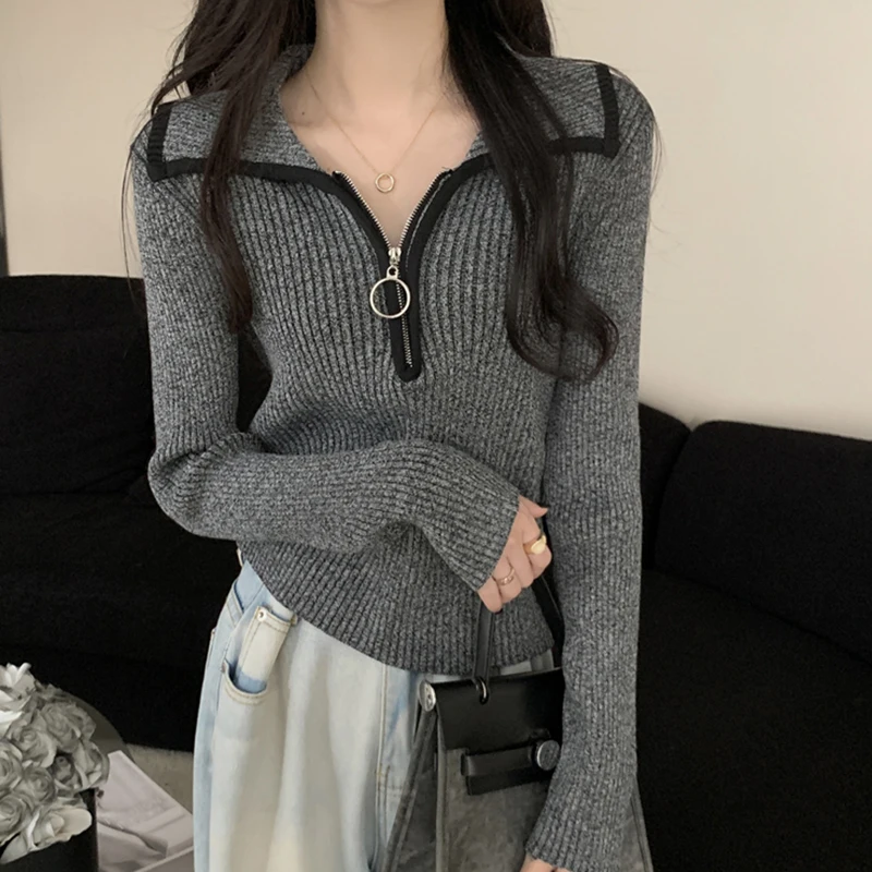 

Turn Down Collar Long Sleeve Knitted Sweater Women 2025 Autumn Winter New Slim Zipper Pullover Tops Female