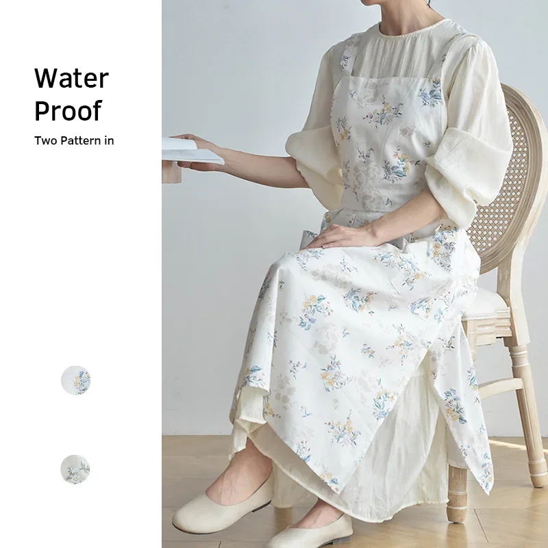 

Cotton Apron Kitchen Household Women's Overalls Antifouling Waterproof Do Housework Korean Printed Pinafore Florist Coffee Shop