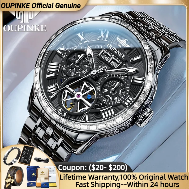 

OUPINKE 3252 Fully Hollow Watch for Men Roman Dial Multifunctional Stainless steel Waterproof Wristwatch Men