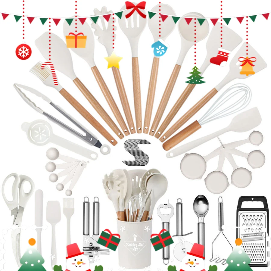 

44/22 set of kitchenware, silicone cooking tools wooden handles rice spoons egg beaters, scissors, spatulas, spoons and pot sets