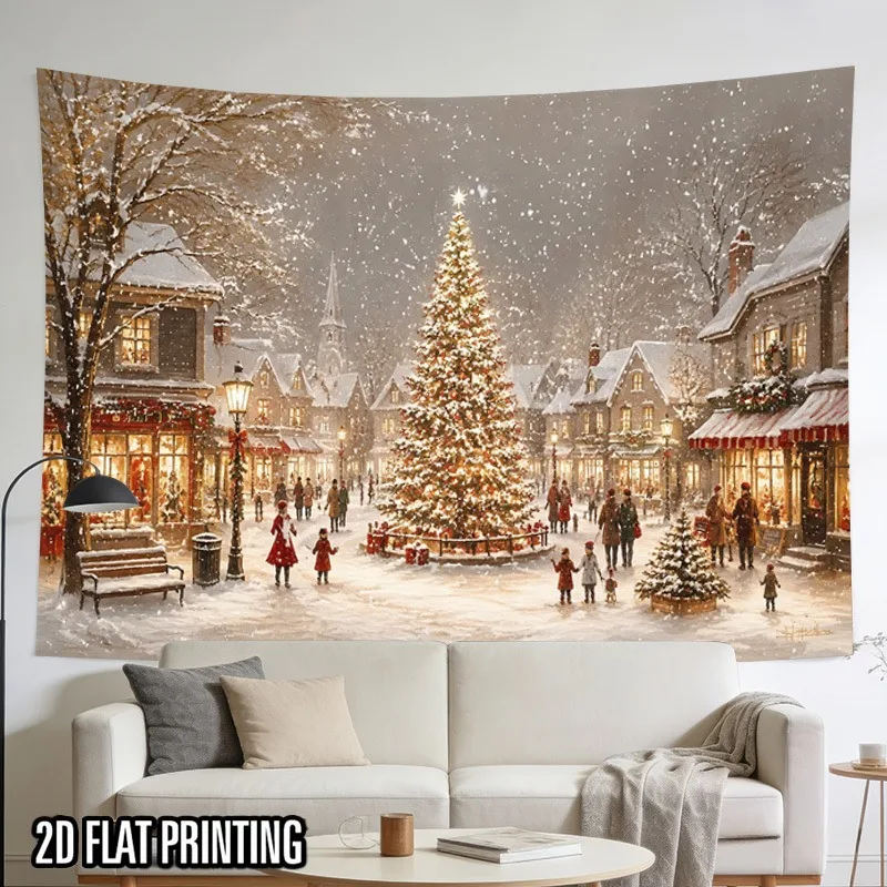 VIKAMA Victorian Christmas Village Tapestry, Town Square Tree Snowy Streets, Xmas Wall Hanging Backdrop Party