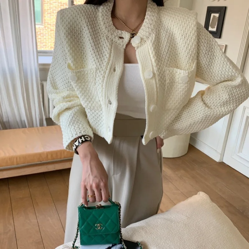 Women's 2026 Autumn Winter Korean Chic Vintage Soft Round Neck Double Pocket Single Breasted Cropped Knit Cardigan Sweater Coat