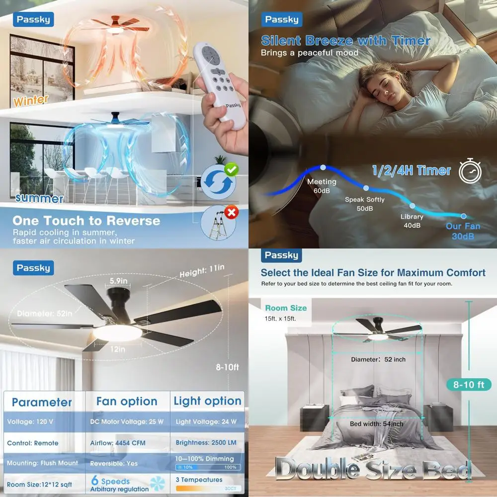 

52-дюймовый низкопрофильный потолочный вентилятор с подсветкой, пультом ДУ, реверсивными лопастями, 3 режимами цветовой температуры, регулируемой яркостью, тихим двигателем постоянного тока, черный