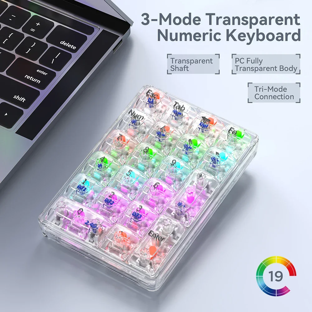 Wireless Numeric Keypad Crystal Transparent RGB Backlight 21 Key Numeric Keyboard Bluetooth/2.4Ghz/Wired Rechargeable K21