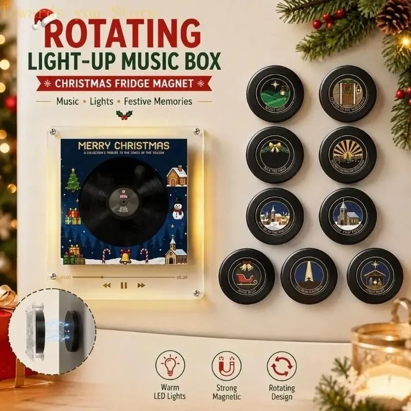 Mini Record Player Fridge Display Piece with 9 Programmable Discs, Song Import, Christmas LED Accent and 128MB Storage for