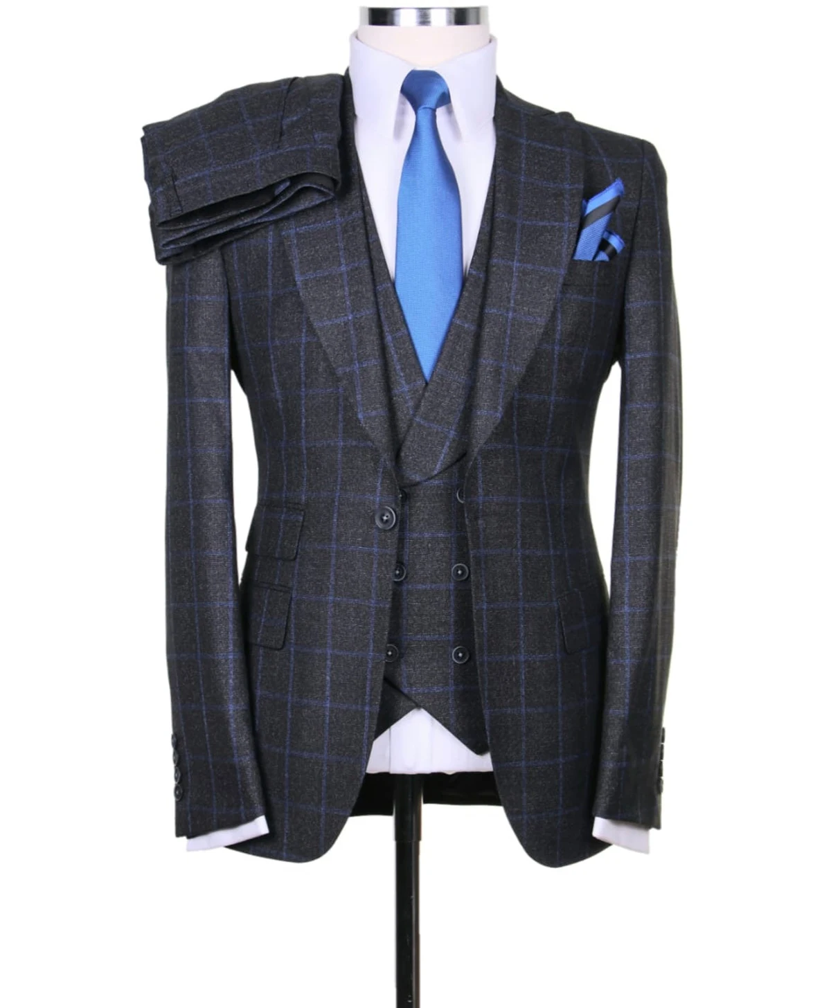 Plaid Men Wedding Suits Peaked Lapel Jacket Slim Fit Groom Wear 3 Pcs (Blazer+Pants+Vest)Business Office Custom Made