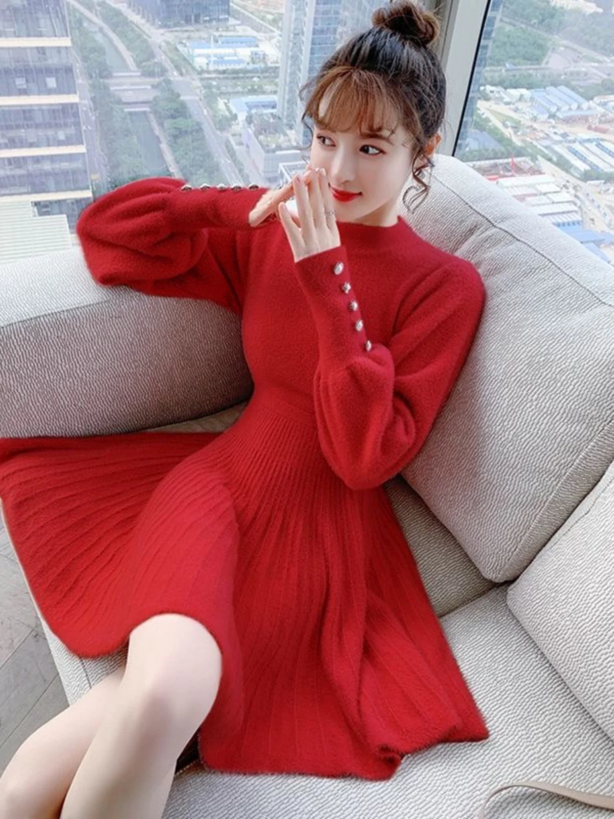 Plus Size Autumn clothes High-Grade Small Look Tall Red Knitted dress Fashion Age-Reducing Design Bottoming Sweater Dress Winter