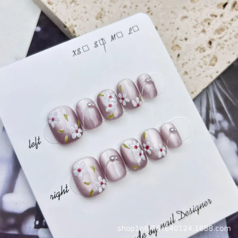 10pcs Handmade น่ารักกดบนเล็บสําหรับสาวสแควร์สั้นเล็บปลอมออกแบบเกาหลีแฟชั่นเล็บเคล็ดลับที่ถอดออกได้ 2025