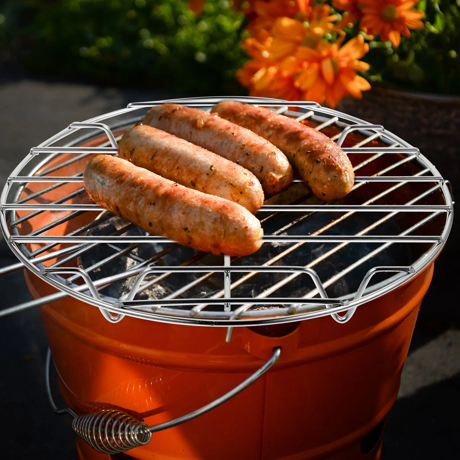 Parrilla Redonda de Acero Inoxidable para Barbacoa de 20 cm de Diámetro para Pescado, Carne, Verduras, Mariscos, Asados, Pizza y Repostería