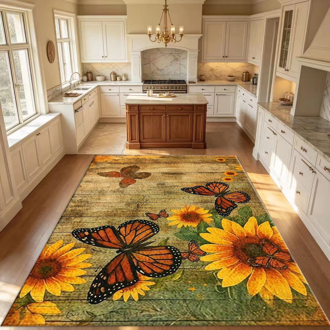 Vintage Sunflower Butterfly Area Rug Retro Wood Grain Background Carpet Indoor Floor Mat for Living Room Bedroom Home Decor