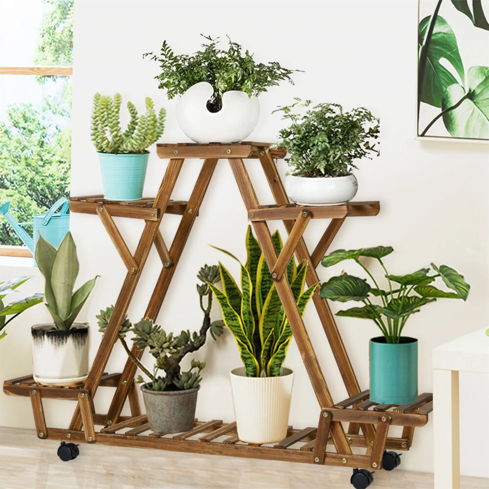 

US Triangular Design 6 Potted Flower Rack Ladder Plant Rack Layered Wooden Bracket-