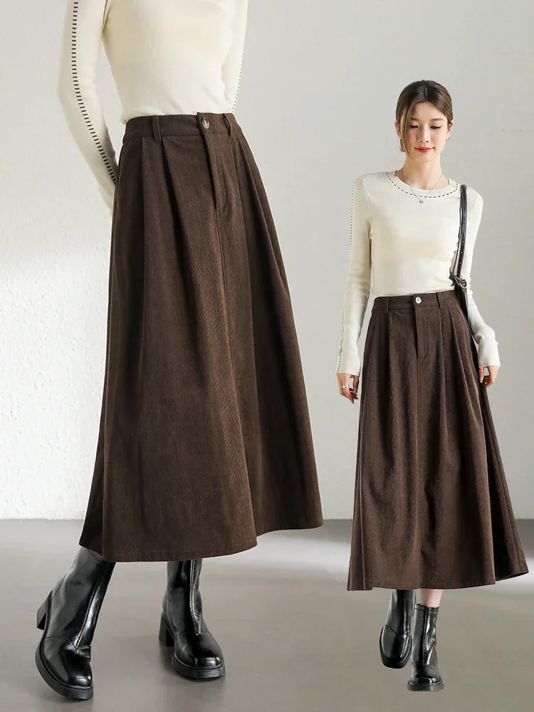 

SENTUBILA A-line Corduroy Skirt for Women 2024 Winter Casual Commute Simple Folds High Waist Elegant Midi Skirt 144Q57481