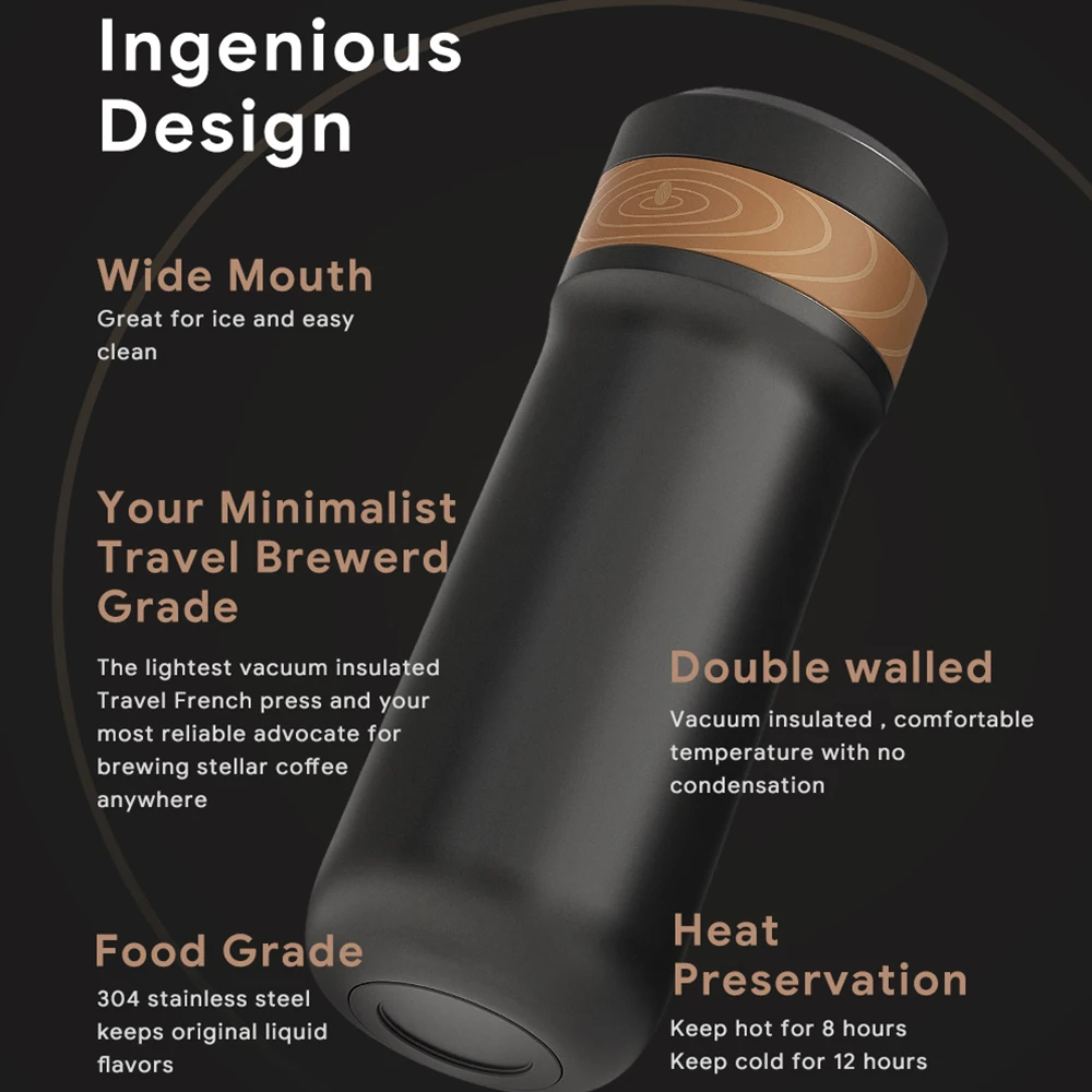iCafilas Portable French Pressed Coffee and Tea Cup 12 oz Stainless Steel French Pressed Coffee Machine with Carrying Ring