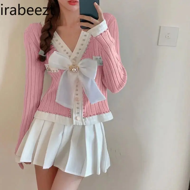 Pre-fall 2024 New Design Sense Niche V-neck Nail Beaded Knitwear Women's Bow Slim-fit Base Shirt Top Fashion Pink Cardigan