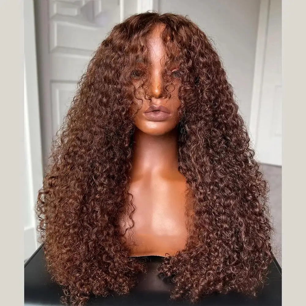 Long 26Inch180Density Soft Glueless Natural Brown Kinky Curly Lace Front Wig For Women With Baby Hair  Preplucked Synthetic