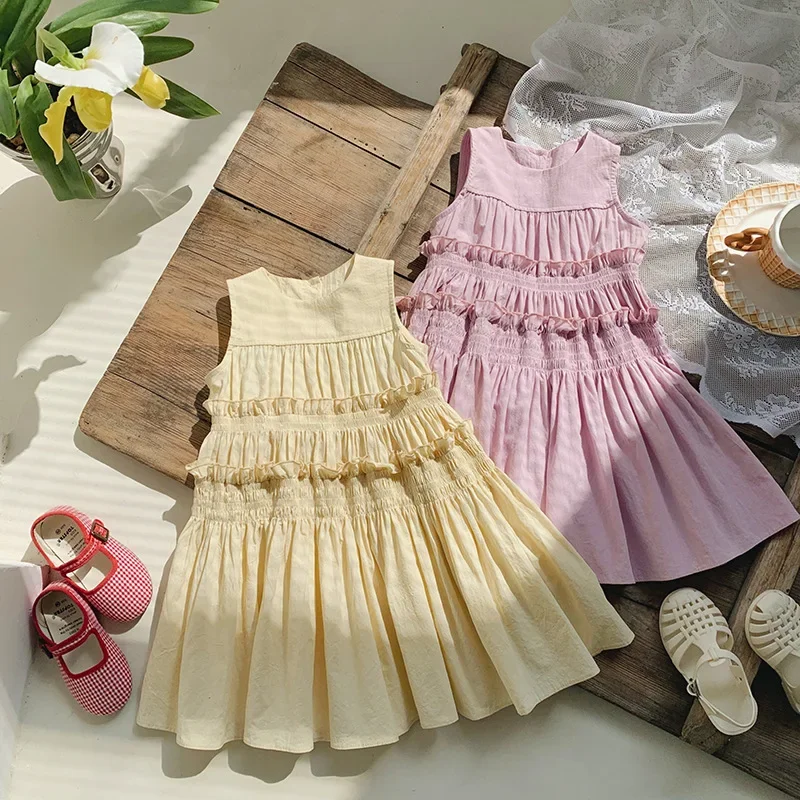 Vestito per bambini Coreano Abbigliamento per bambini Canotta senza maniche Vestito per ragazze 2024 Estate Nuovo vestito da principessa torta per