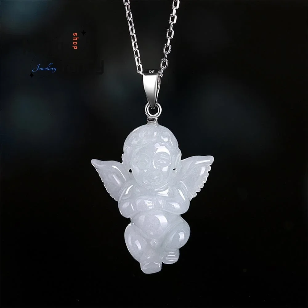 

S925 Silver Buckle Natural Myanmar A-goods Jadeite Angel Baby Pendant Exquisite Cute Mascots Luxury Quality Jewelry Holiday Gift