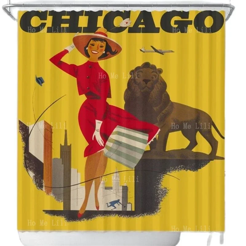 Vintage Chicago Travel Lady Bus Poster Surfer Palm Leaves Shower Curtain Beach Holidays Chic Bathroom Decor Ocean Lover Gift