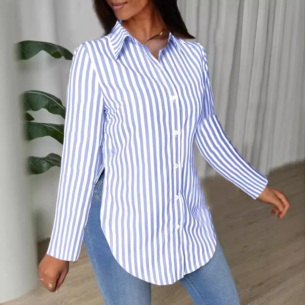 Women's Collar Striped Printed Button Long Sleeved Shirt for Autumn 2024