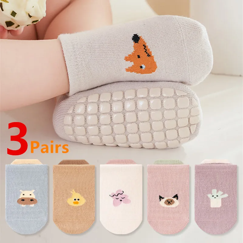 3Pairs/Lot Baby Anti-slip Socks For Boys Girls Low Cut Floor Kids Toddler Cotton Sock With Rubber Grips Socken For 0-3Years