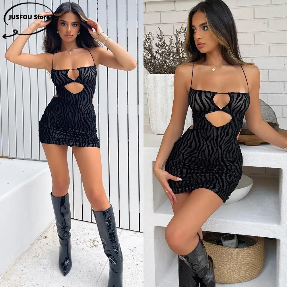 

2022 Summer Evening Party Grunge Dress Lady Mesh See Spaghetti Strap Sexy Cut Out Backless Mini Dress Through Flocking Vestidos