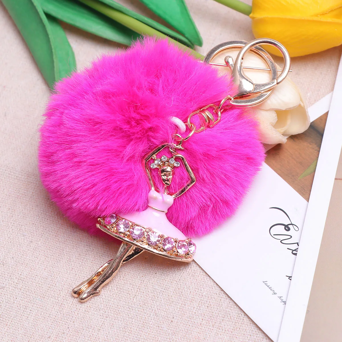 

Rose Red Ballet Girl Crystal Keychain Ball Pendant Car Luggage Decoration Key Ring Holder Bag Hanging Pom Pom Keychain
