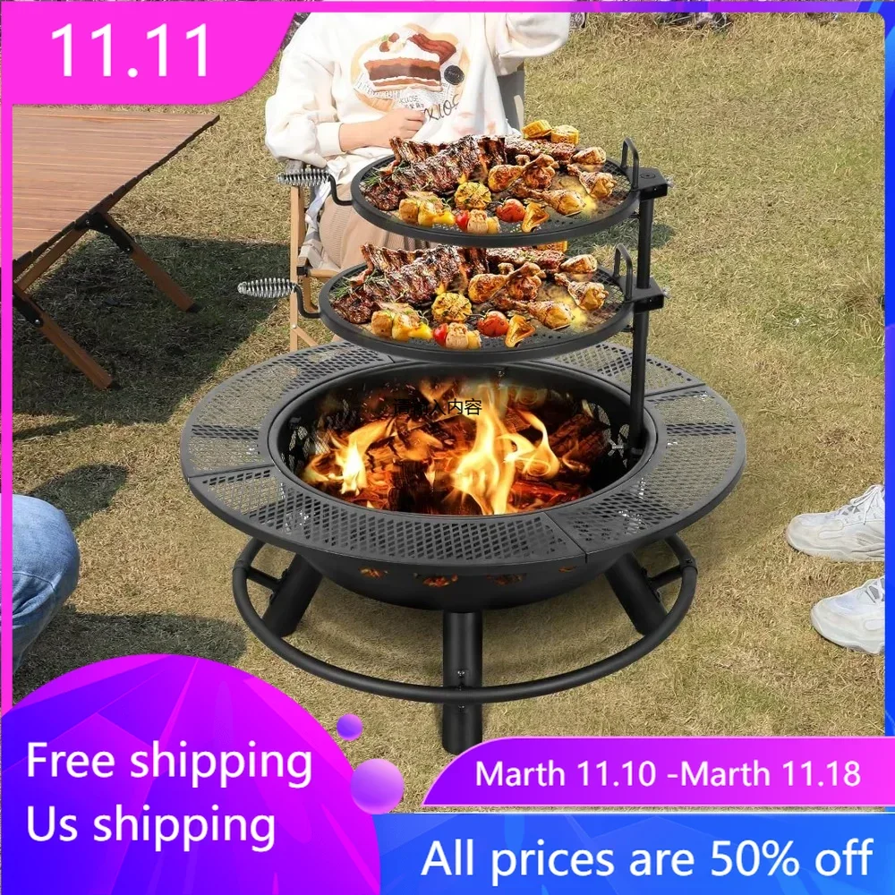 

35 Inch Fire Pit with Cooking Grate & Charcoal Pan, Outdoor Wood Burning BBQ Grill Firepit Bowl with Cover Lid, Steel Round