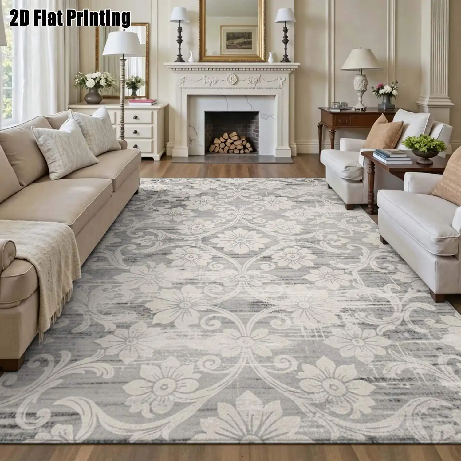 1Pc 2D Printed Carpet: Gray Base, Cream-White Scroll Flower Pattern, Modern Simple Retro European Style, Multi-Size, Machine Washable, Ideal for Home Decor & Various Floor Mats