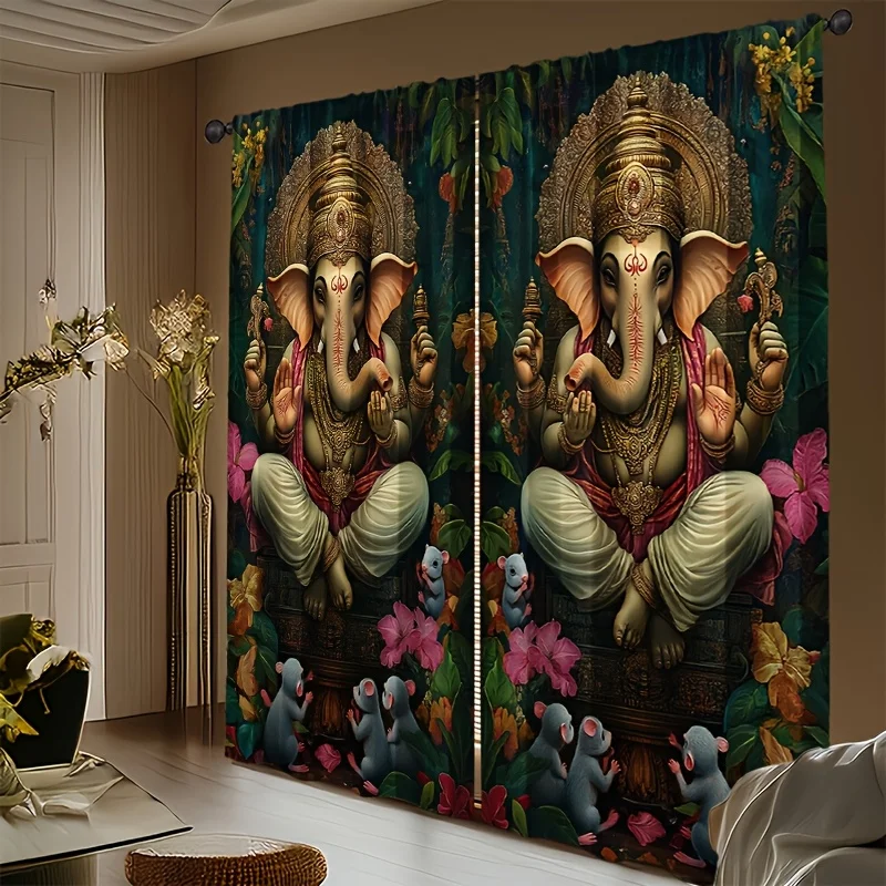 Ganesha God Curtain, Hindu Deity Print Drape, Spiritual Home Decor for Living Room Bedroom Window Treatment Gift