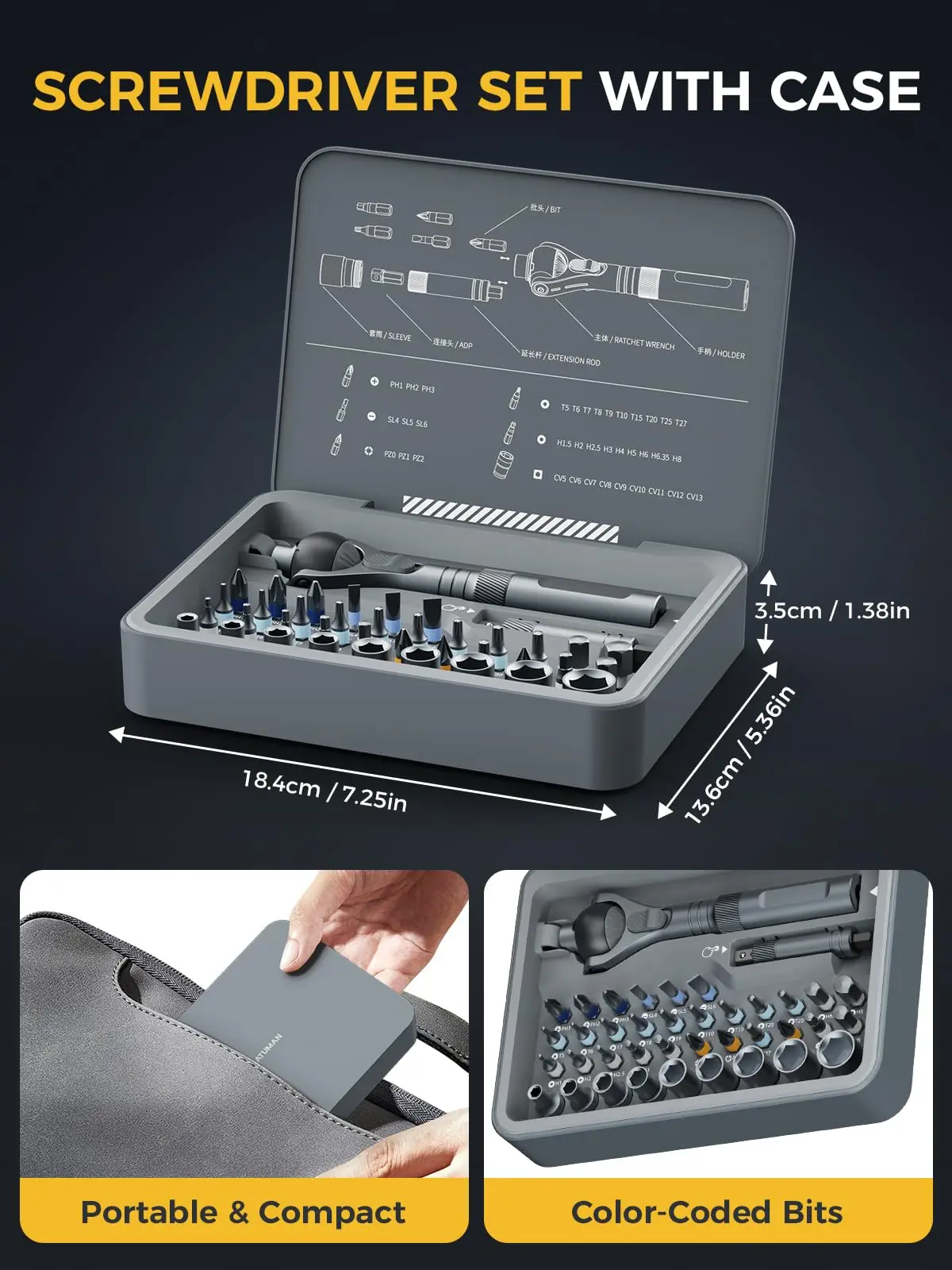 ATuMan Set di cacciaviti a cricchetto 40 in 1 Set di cacciaviti magnetici a cricchetto 180 °   Testa a cricchetto per casa, fai da te e manutenzione