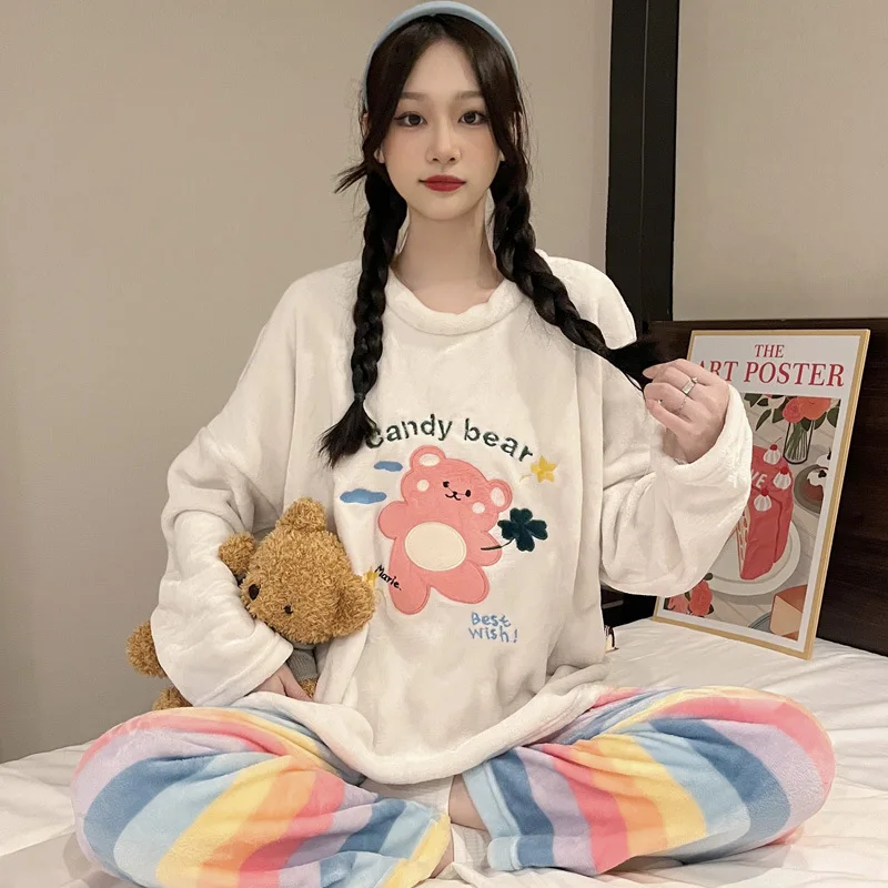 Thickened Warm Large Size Autumn Winter Pyjamas Long-Sleeved Trousers Female Coral Velvet Cartoon Bear Two-Piece Homewear Girl