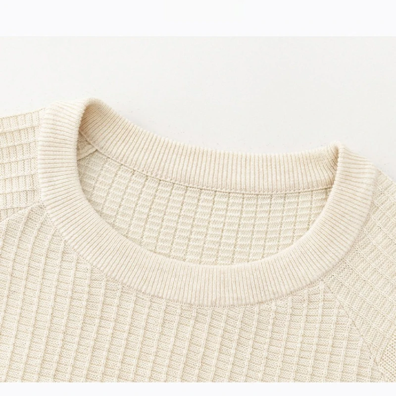 オールドマネースタイル ​ ​ メンズ抗ピリングウール混紡ニットセーター - ライトベージュクルーネック（アイアングレー/ブラック）ソフトな質感の生地 ​ ​