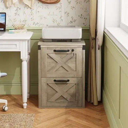 2 Drawer File Cabinet with Lock, Wood Farmhouse Filing Cabinet for Home Office, Printer Stand Fits Letter and A4 Size