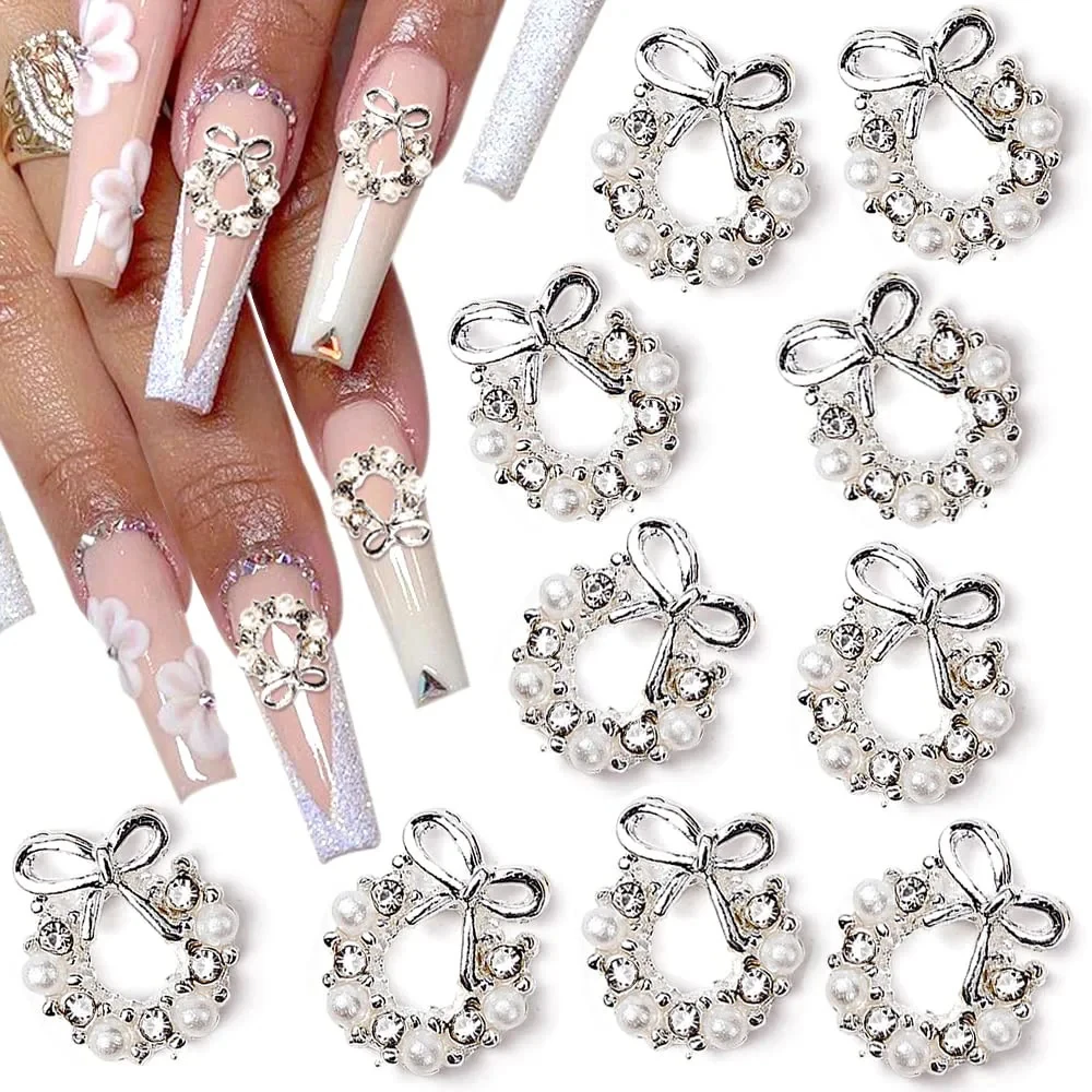 10Pcs Garland Bowknot Pearl Zircon Nail Art Charms 3D Gold Silver Christmas Wreath Nail Decoration Luxury DIY Nail Accessories