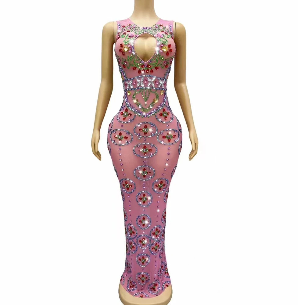 

Sexy Colorful Rhinestones Birthday Celebrate Pink Dress Summer Nightclub Outfit Party Singer Collection Photoshoot Costume