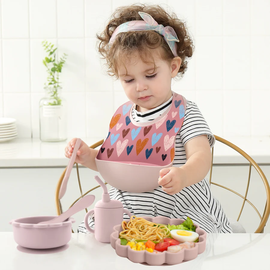 BPA Free Silicone Feeding Set Foldable Baby Cartoon Bibs Toddler Sucker Bowl Infant Cup Training Spoon Fork With Wooden Handle.