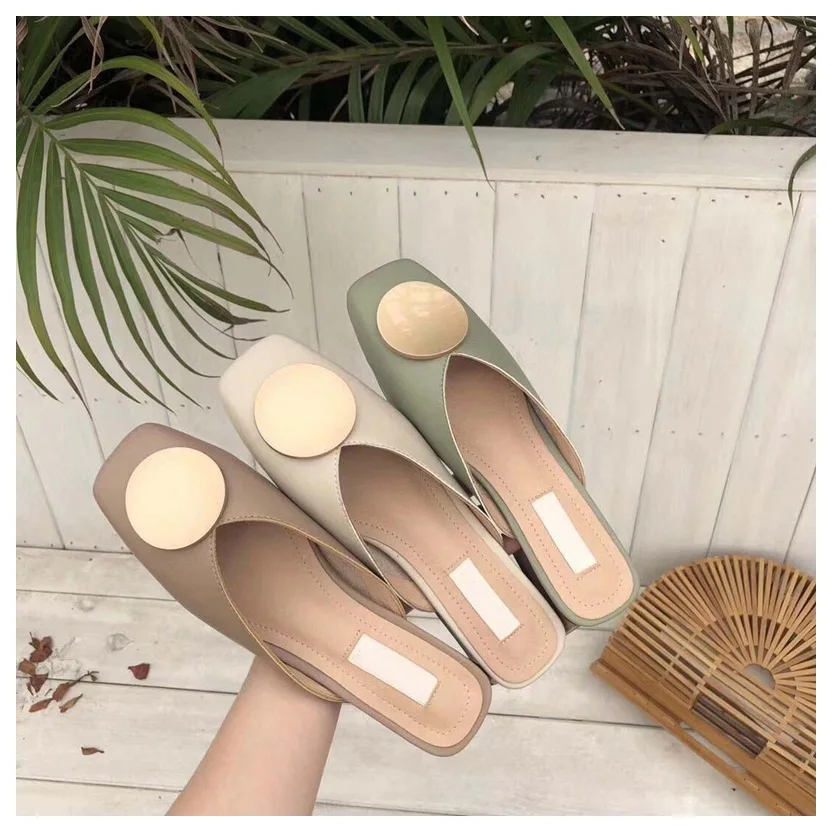 Brand Designer Women Slippers Slip On Mules Flat Heel Casual Shoes British Buckle Slides Wooden Block Heels Summer Footwear