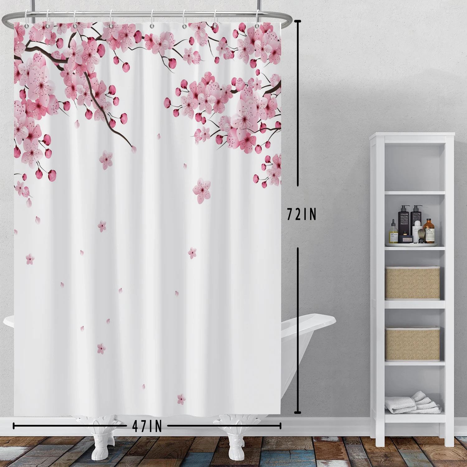 

GinFiedink Shower Curtains Spring Cherry Blossom Pattern Waterproof Polyester Bath Curtain with Hooks