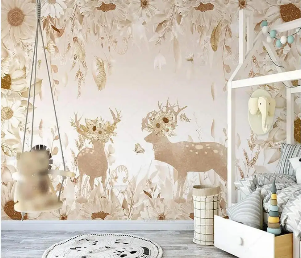 Custom Size Wallpaper hand-painted flower elk small fresh flower jungle Children's Room Kindergarten Background Wall Painting
