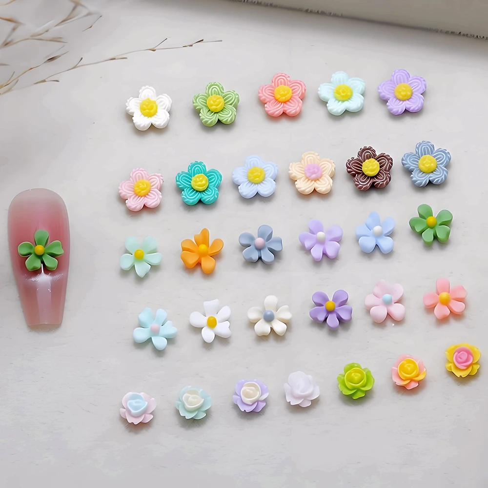 60PCS 6mm 3D Acrylic Flower Nail Art Charm Parts Kawaii Accessories For Nails Decoration Design Manicure Decor Supplies Material