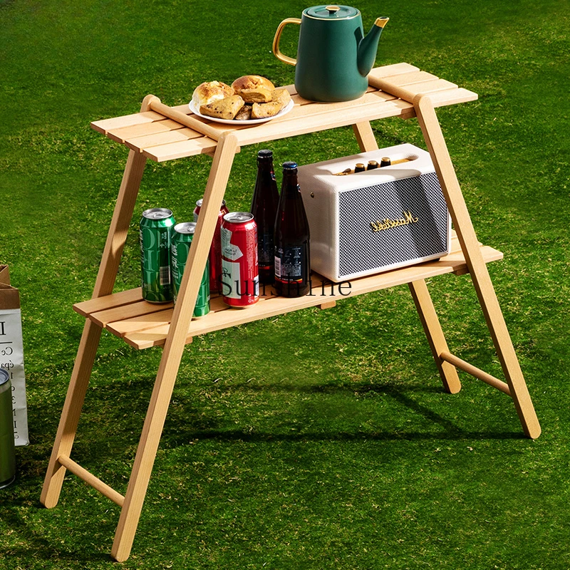 Outdoor solid wood rack Double-layer camping barbecue picnic storage Multi-layer portable folding table