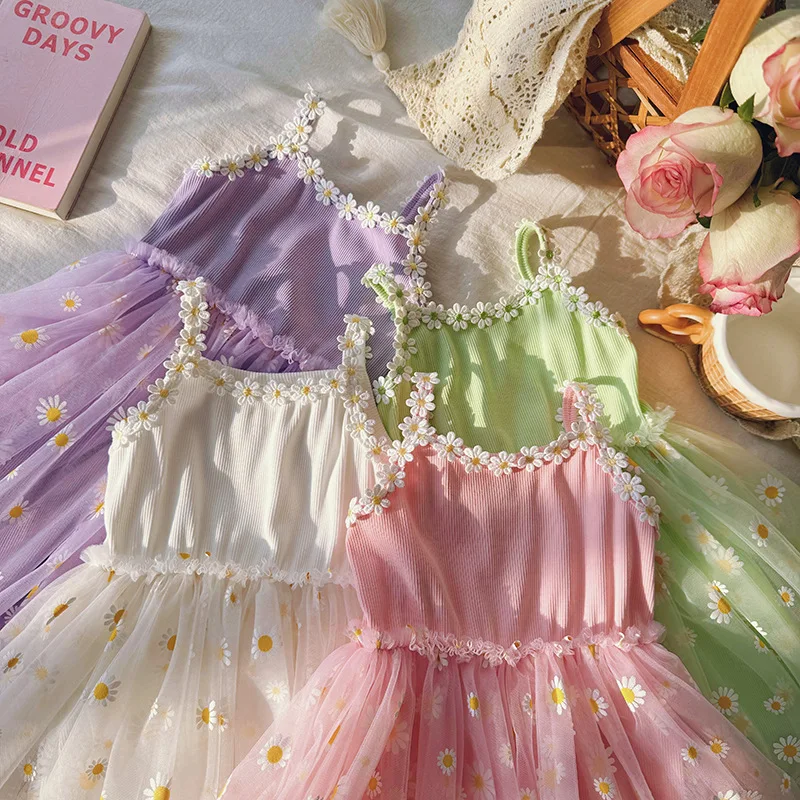 Super Cute Daisy Flower Mesh Girls Dress 2024 Summer New Fairy Suspenders Puffy Princess Dress Kid Baby Birthday Party Dress